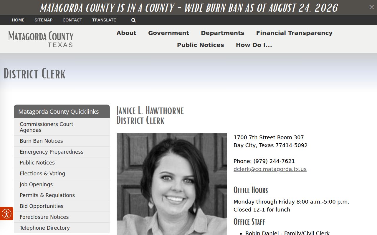 Matagorda County District Clerk contact page and Room 307 information