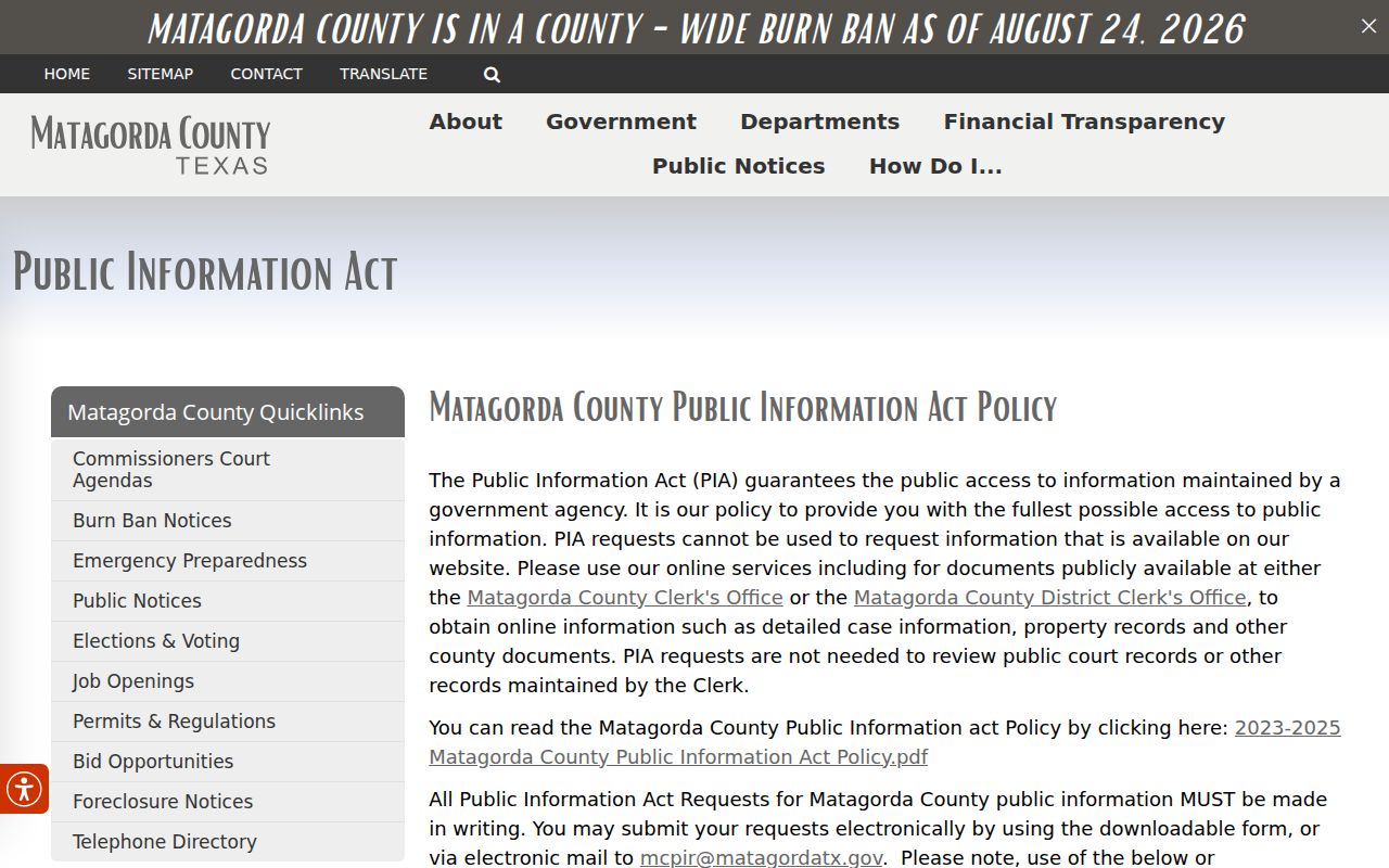 Matagorda County written Public Information Act request instructions