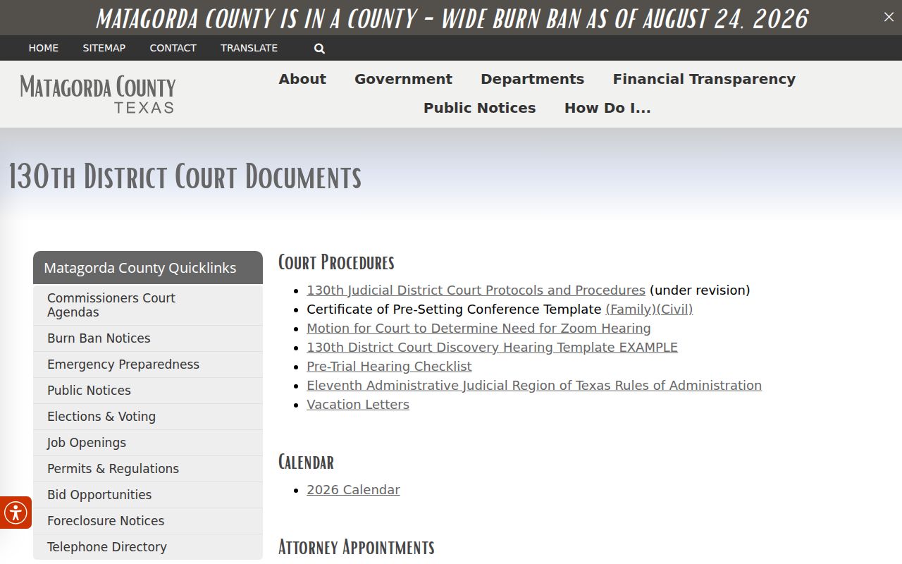 Matagorda County 130th District Court forms and standing order for bonds and surrenders
