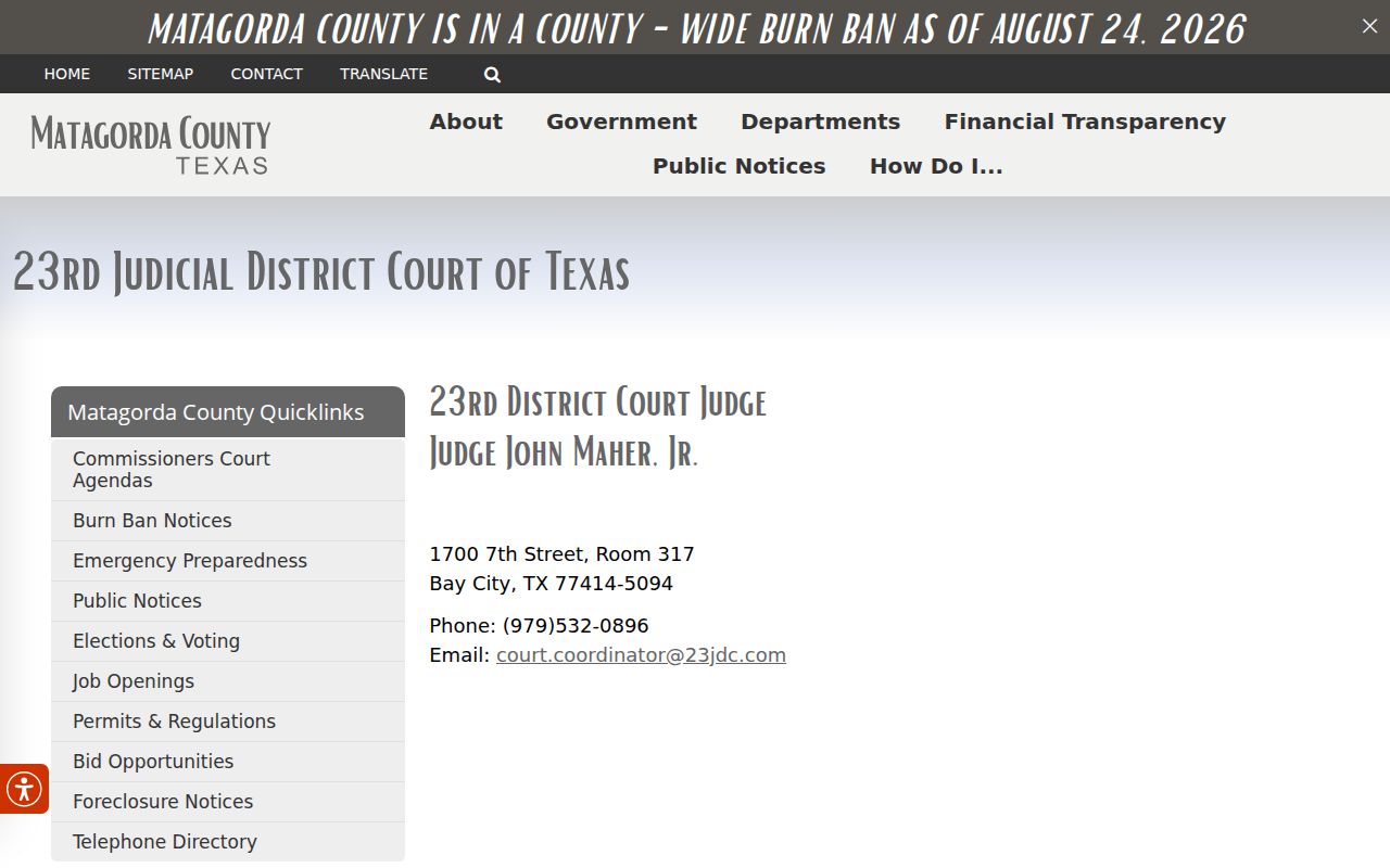 Matagorda County District Court contact and courthouse information