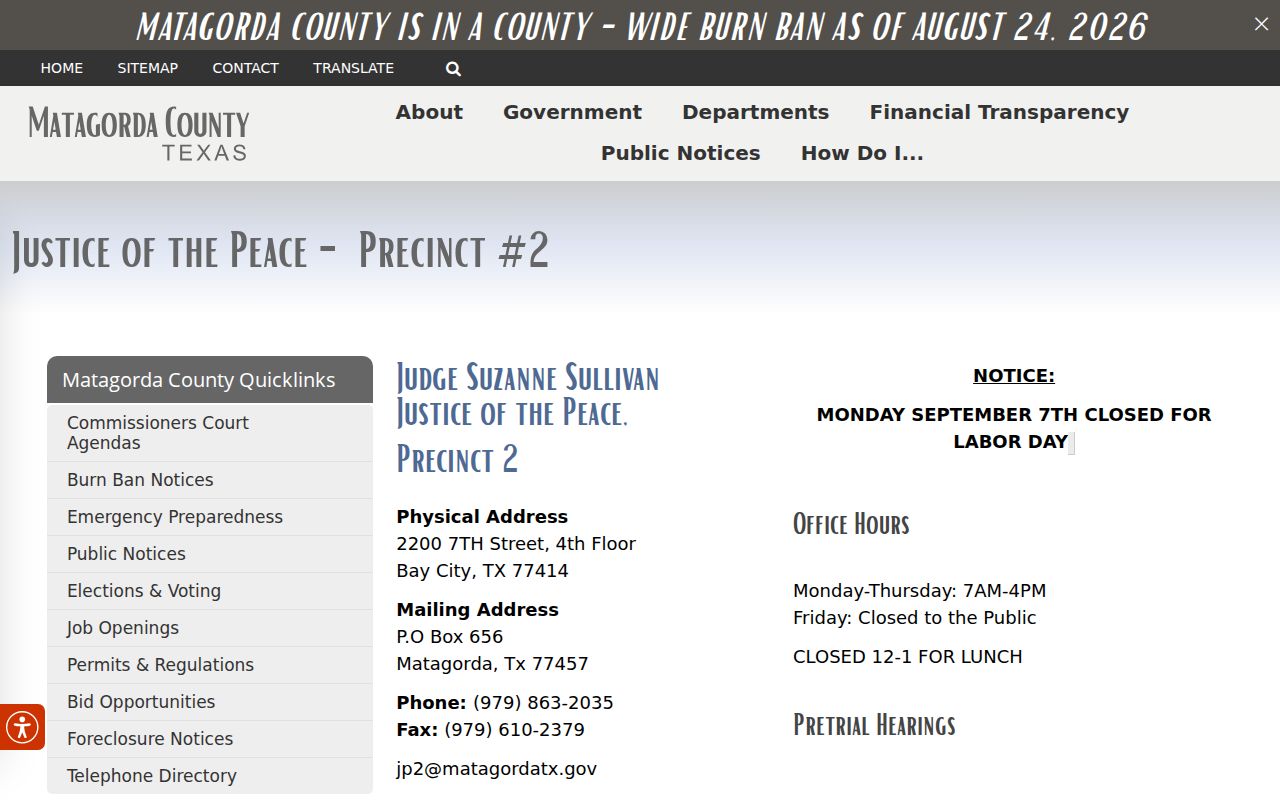 Matagorda County JP2 monthly walk-in and warrant amnesty notice