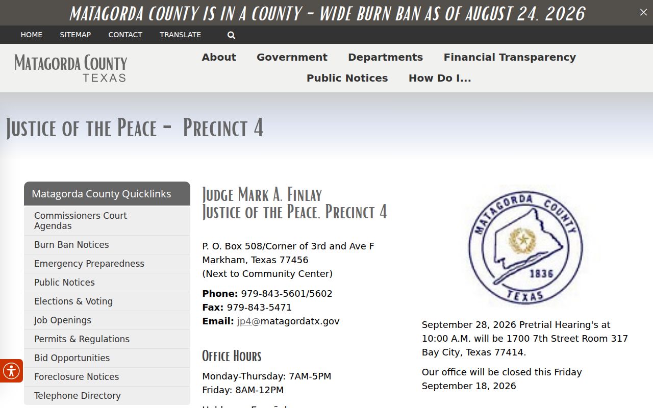 Matagorda County JP4 Markham contact, hours, and traffic alternatives