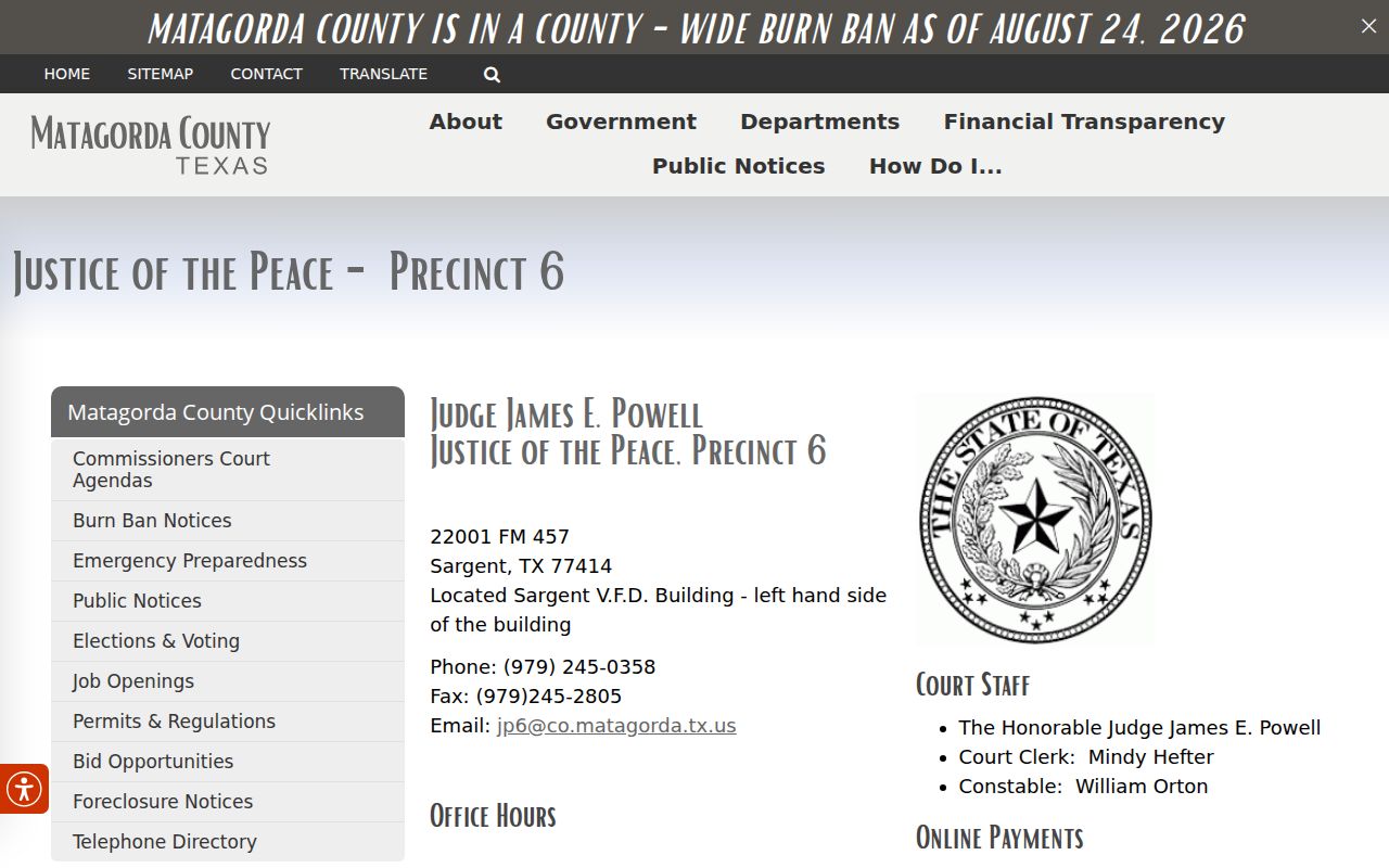 Matagorda County JP6 Sargent contact, payment, and fine alternatives