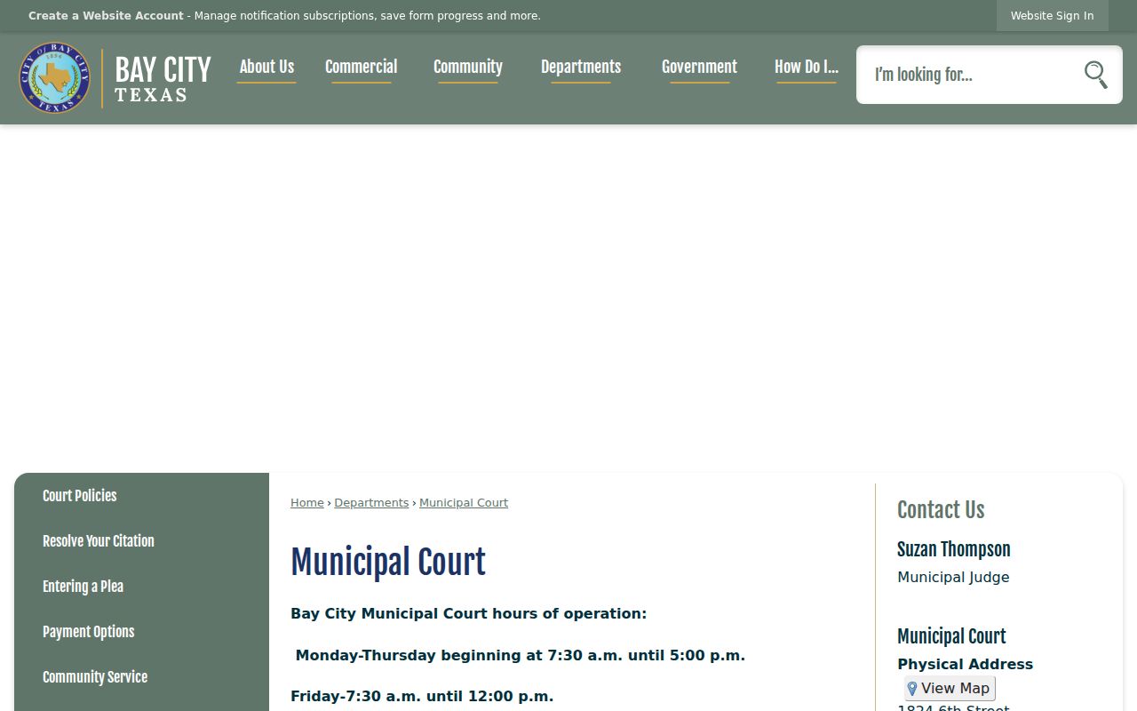 Bay City Municipal Court official page and city court contact information