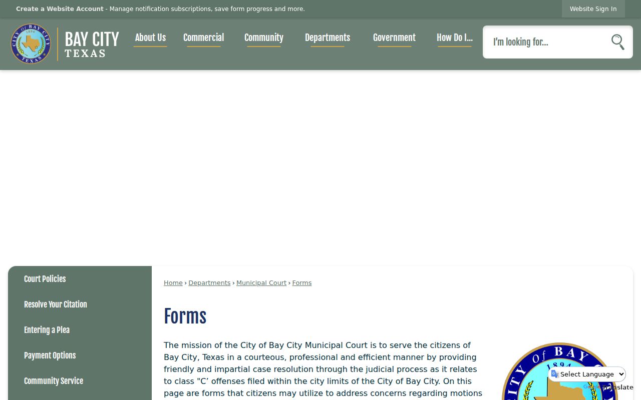Bay City Municipal Court forms index for continuance, compliance, and time-served matters