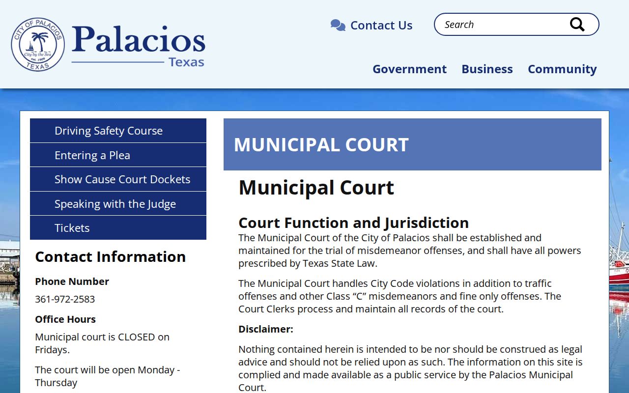 Palacios Municipal Court official landing page