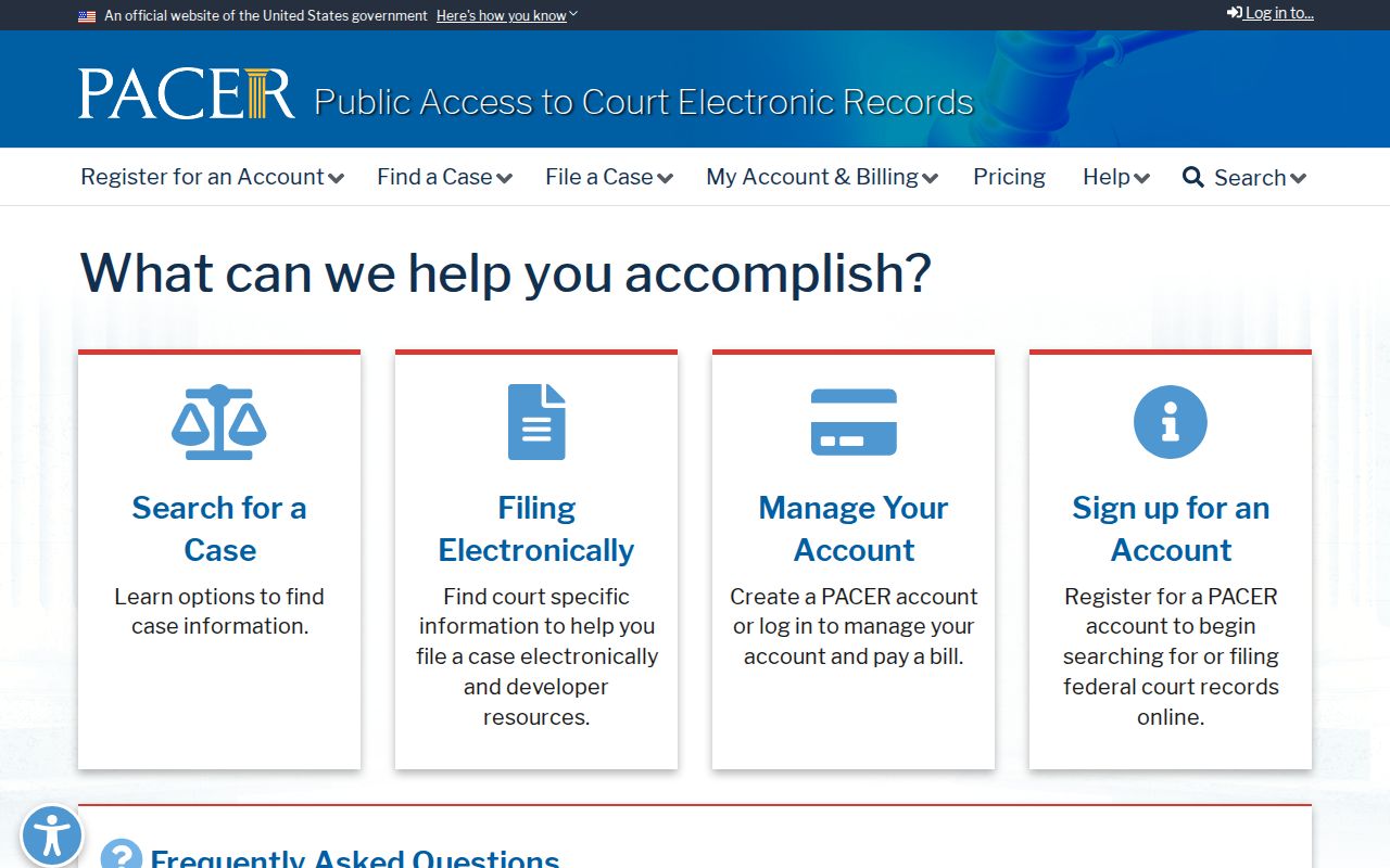 PACER federal court case search interface and fee information