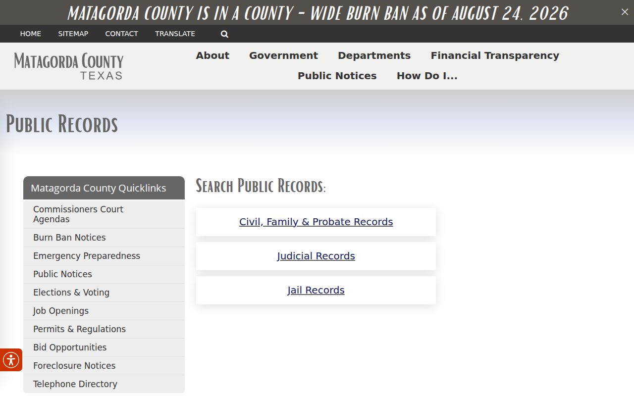 Matagorda County public records page linking judicial and jail records