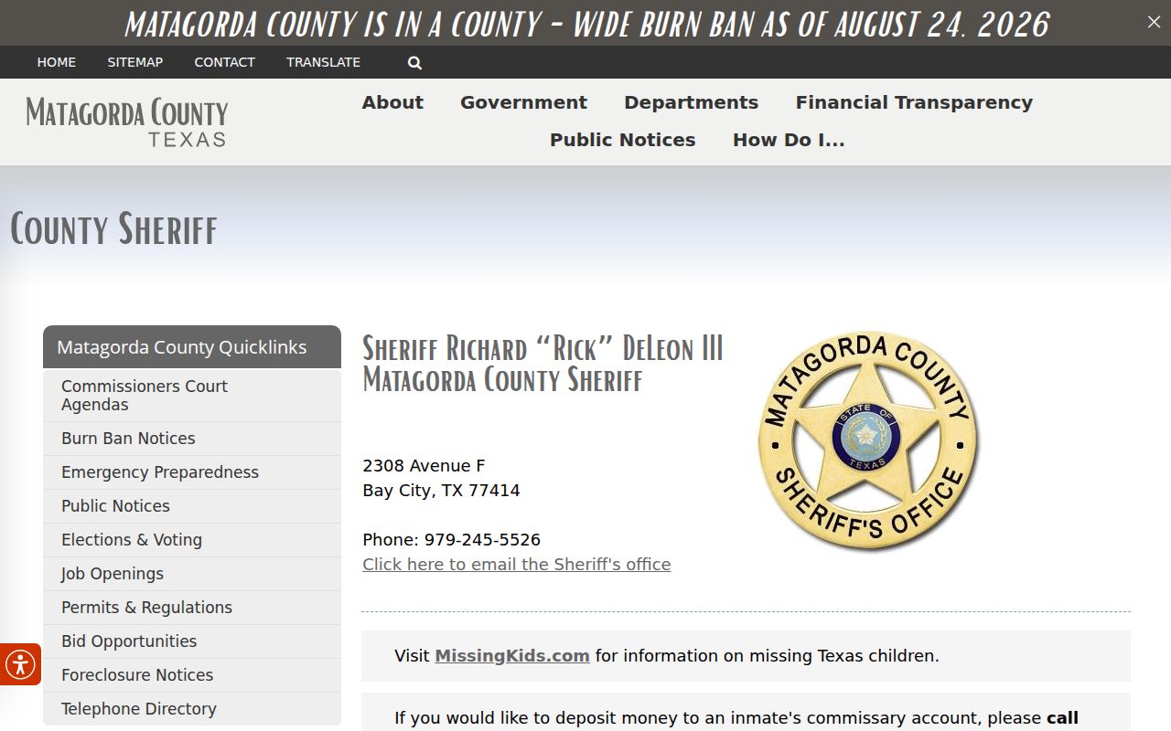 Matagorda County Sheriff official page with warrant-service responsibilities